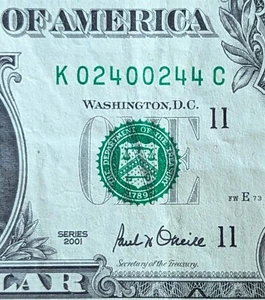 2001 $1 bill fancy serial, trinary almost repeater 02400244 - Picture 1 of 3