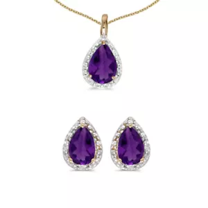 10k Yellow Gold Pear Amethyst And Diamond Earrings and Pendant Set - Picture 1 of 1