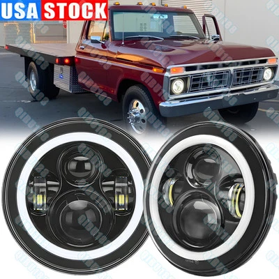 For 1953-1977 Ford F-100 F-250 F-350 Pickup Pair 7" inch LED Headlights Halo DRL - Image 1 of 4