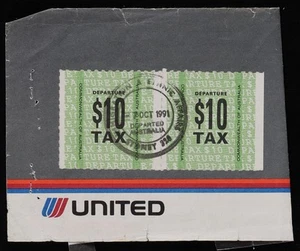 AUSTRALIA 1991 $10 Departure Tax label pair on United ticket cover. Scarce. - Bild 1 von 1
