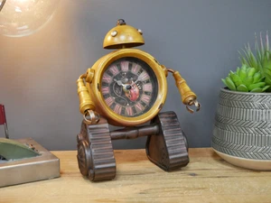 Quirky Retro Urban Industrial Style Yellow Metal Robot Desk Table Mantle Clock - Picture 1 of 6