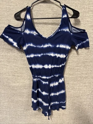 Women’s Derek Heart Blue Tie Die Off Shoulder Shorts Romper Size M - Image 1 of 4