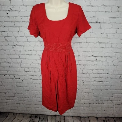 VTG John Roberts Red Embellished Waist Tie Short Sleeve Midi Dress USA Size 6 - Image 1 of 4