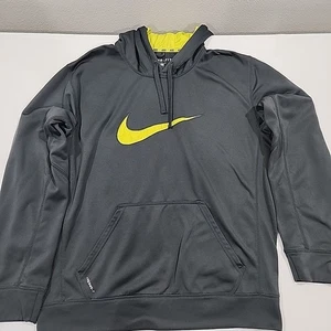 Nike Therma Fit Hoodie Large Gray Neon Swoosh Hooded Sweatshirt Fleece Lined - Picture 1 of 9