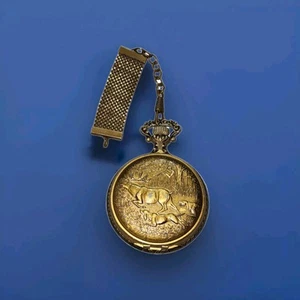 Westclox Working Windup Deer Moose Hunter Dogs Pocket Watch W/Chain Floral Back - Picture 1 of 6