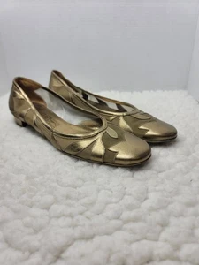 Salvatore Ferragamo Balletto Donna Piatto Taglia 9 3A Maglia Oro Metallizzata Accento Floreale - Foto 1 di 12