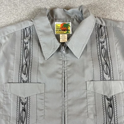 Haband Guayabera Shirt Mens L Gray Black Embroidery Zip 4 Pocket Bowling Latin - Image 1 of 4