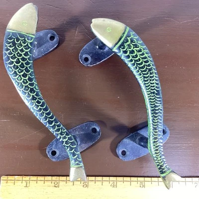 VTG Antique Brass Handcrafted Fish Shape Cabinet Door Pulls Dresser Handle 5.5” - Image 1 of 4