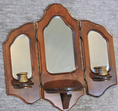 VTG Wood Framed Hinged 3 Mirror Wall Shelf Sconce Candle Holder 18L x 18H x 5.5W - Image 1 of 4
