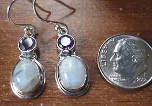 Moonstone and Faceted Amethyst 925 Sterling Silver Double Gem Earrings - Picture 1 of 2