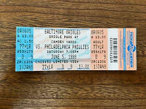 1999 MLB Ticket 6/3/99 Baltimore Orioles Vs Philadelphia Phillies Camden Yard - Picture 1 of 1