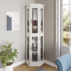 Lorona Floor Standing 5 Sided Lighted Corner Curio Cabinet - Picture 1 of 31