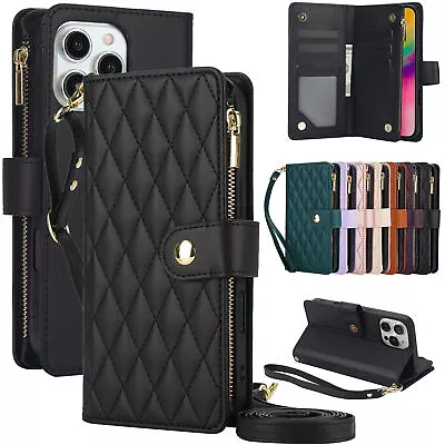 Grid Leather Wallet Zipper Phone Case For iPhone 16 15 14 13 12 11 Pro Max XR 8 - Image 1 of 4