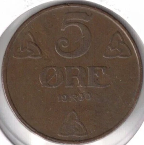 1930 Norway 5 Ore Haakon VII Crowned Monogram Bronze Coin! - Picture 1 of 2