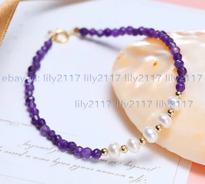 Brazalete de perlas blancas facetadas de 4 mm redondas con cuentas de piedras preciosas de amatista de 4-5 mm 7,5"" AA Foto 1 de 3
