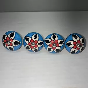 4 pomelli per cassetti in ceramica floreale fiori dipinti boho stravaganti con ferramenta blu rosso - Foto 1 di 5