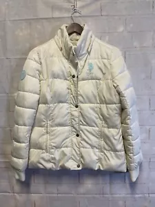 US Polo Assn Cream Puffer Jacket Blue Logo and Arm Patch Women's Large - Picture 1 of 9
