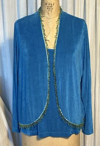 Citiknits Womens Knit Peacock Blue /beads Cardigan+Tank Sz 1X Pre-owned - Picture 1 of 10
