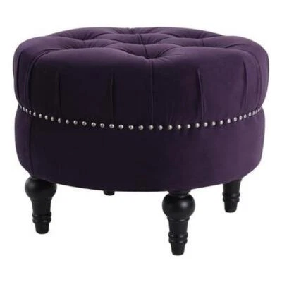 Dawn Tufted Round Ottoman Nailhead Accents Purple Velvet - Image 1 of 4