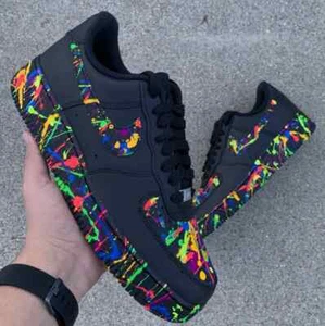 Scarpe Air Force 1 personalizzate nere arcobaleno multicolore neon splatter uomo donna bambini - Foto 1 di 18