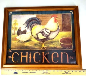 Vtg Rooster & Hens Framed Picture Rustic Farmhouse Country Decor - Picture 1 of 10