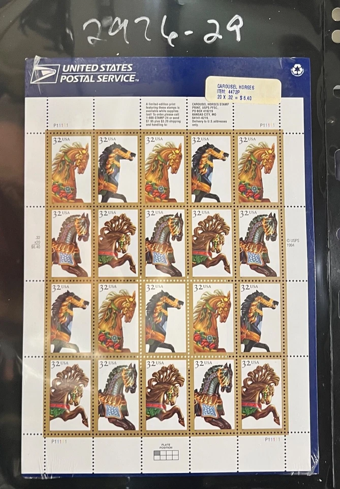 #2976-2979 American Folk Art Carousel Horses 32¢ Original Post Office Package  - Image 1 of 1