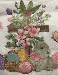 TWO Paper LUNCHEON Decoupage Art Craft Napkins EASTER BUNNY RABBIT/CROSS/Flowers - Picture 1 of 3