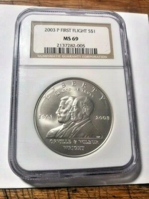 2003-P First Flight Silver Commemorative Dollar NGC MS69 Wright Bros. #13724 - Image 1 of 4