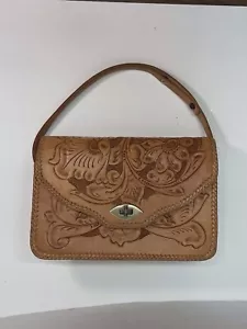 Vintage mittelgroße Leder Handtasche Handtasche braun geprägt Blumen Western 60er - Bild 1 von 11