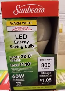 Three Sunbeam LED Light Bulbs A19 Brand New in Box Warm White  800 Lumens - Picture 1 of 4