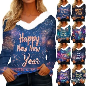 Women's Christmas Printed Long Sleeve Shirt V Neck Casual Loose T-Shirt Tops - Picture 1 of 36