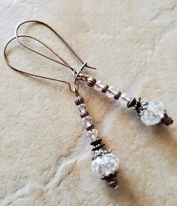 Clear CRYSTAL Rondelle Earrings, Copper Tone Kidney Hook Ear Wires - Picture 1 of 5