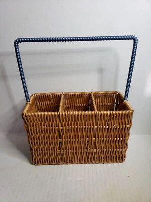 Brown & Blue Faux Wicker Metal Frame Utensil Storage Home Decor Basket 8" x 10" - Image 1 of 4