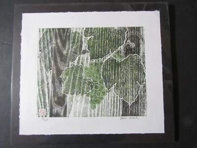 Wine Grape Vine woodcut woodblock print Japanese moku hanga Washi signed Clark - Image 1 of 4