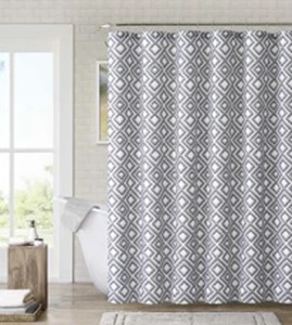 Gray Black White Diamond Geometric Art Deco Fabric Shower Curtain - Picture 1 of 1