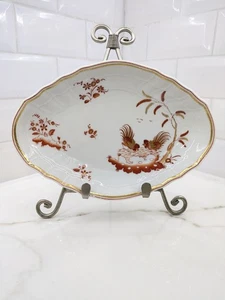 Ginori Italy Red Rooster Siena Rust Porcelain Gold Scallop Rim Oval Tray Platter - Picture 1 of 11