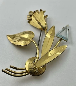 Broche Flor Esterlina Vintage Oro Flor Transparente y Azul Pálido Trillón Cristal - Imagen 1 de 8