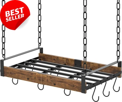 24x13 Hanging Pot Rack w/ 12 Hooks Ceiling Mount Pan Holder Rustic Brown/Black - Image 1 of 4