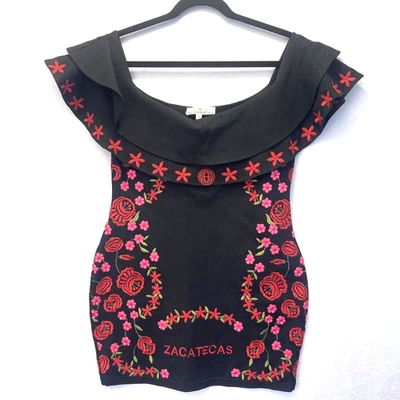 Vestido Baile Essentials Mujer Grande Negro Hombro Descubierto Bordado Floral Mini Foto 1 de 4