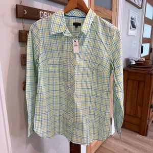 Camisa a Cuadros Talbots Botones Guinga 100% Algodón Manga Larga Amarillo/Azul Pequeña - Imagen 1 de 12
