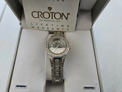 Rare Ladies Croton Bellagio Silvertone Watch w Box Working Skeleton Back - Image 1 of 4