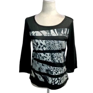 Chico’s Black Striped Top NWT 3/4 Sleeve Animal Print Embellished Casual - Picture 1 of 7