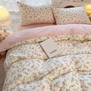 Pink Floral Duvet Cover Queen Size Reversible Flower Green Leaf Printed on Wh... - Picture 1 of 7