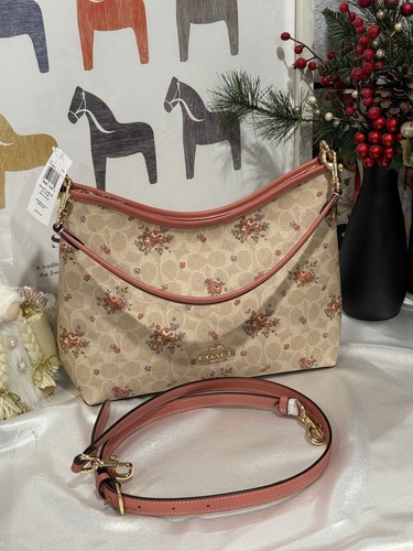 Borsa a tracolla Coach Laurel in tela firmata con stampa floreale sabbia CAL36 nuova con etichette