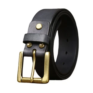 Men Retro Leather Belt with Solid Brass Buckle Waistband Casual Jeans Pants Belt - Picture 1 of 16
