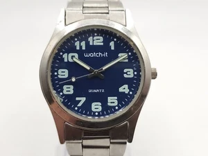 Watch-it Uhr Herren neue Batterie blaues Ziffernblatt silberfarben 35mm - Bild 1 von 15