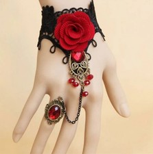 With Ring Crystal Metal Fashion Jewelry Retro Lace Big Red Rose Bracelet