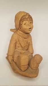 Vintage Lee Bortin Signed Clay  Sculpture "Little Boy Sitting on a Sled" sleigh - Picture 1 of 8