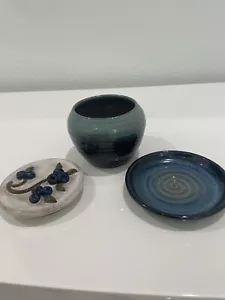 Maine Rowantrees Pottery Jam Jar / Sugar Bowl With Matching Under plate - Picture 1 of 7