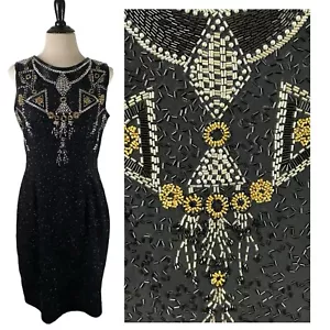 AJ BARI Vintage Beaded Party DRESS 10 Black Cocktail Holiday Wool Formal Sheath - Picture 1 of 23